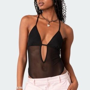 edikted open back black sheer mesh bodysuit